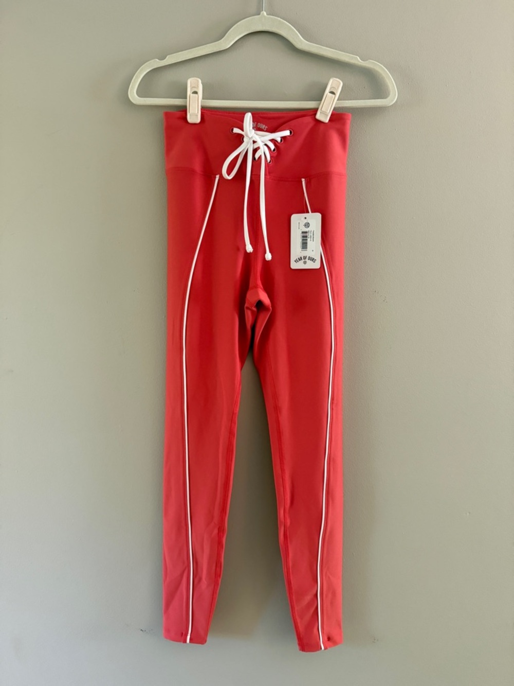 Year of Ours Field Leggings, Coral-Red Leggings with White Piping and Drawstring